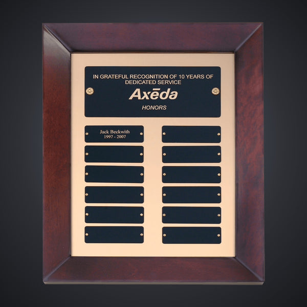 12" x 15" Airflyte Cherry Finish Frame Perpetual Plaque with Gold Metal Background and 12 Laserable Black Brass Plates
