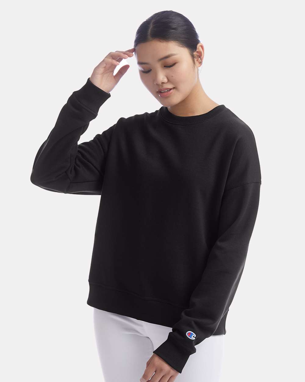 Champion Women's Powerblend Crewneck Sweatshirt in Black - custom logo apparel by Buckeye Branding Co.