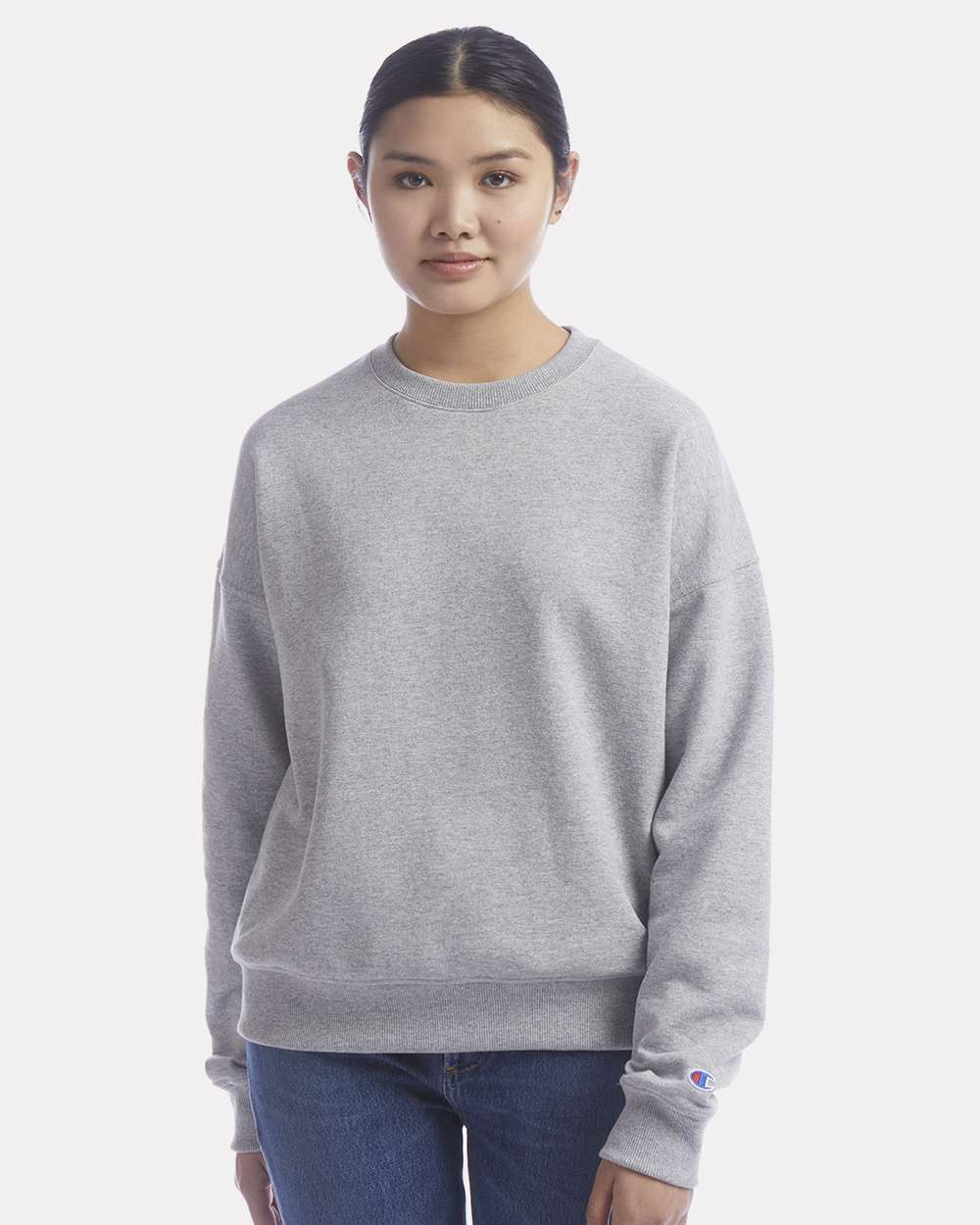 Champion Women's Powerblend Crewneck Sweatshirt in Light Steel - custom logo apparel by Buckeye Branding Co.