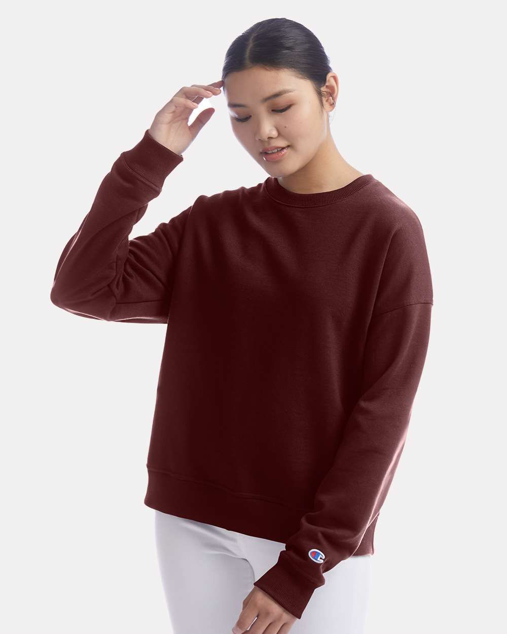 Champion Women's Powerblend Crewneck Sweatshirt in Maroon - custom logo apparel by Buckeye Branding Co.
