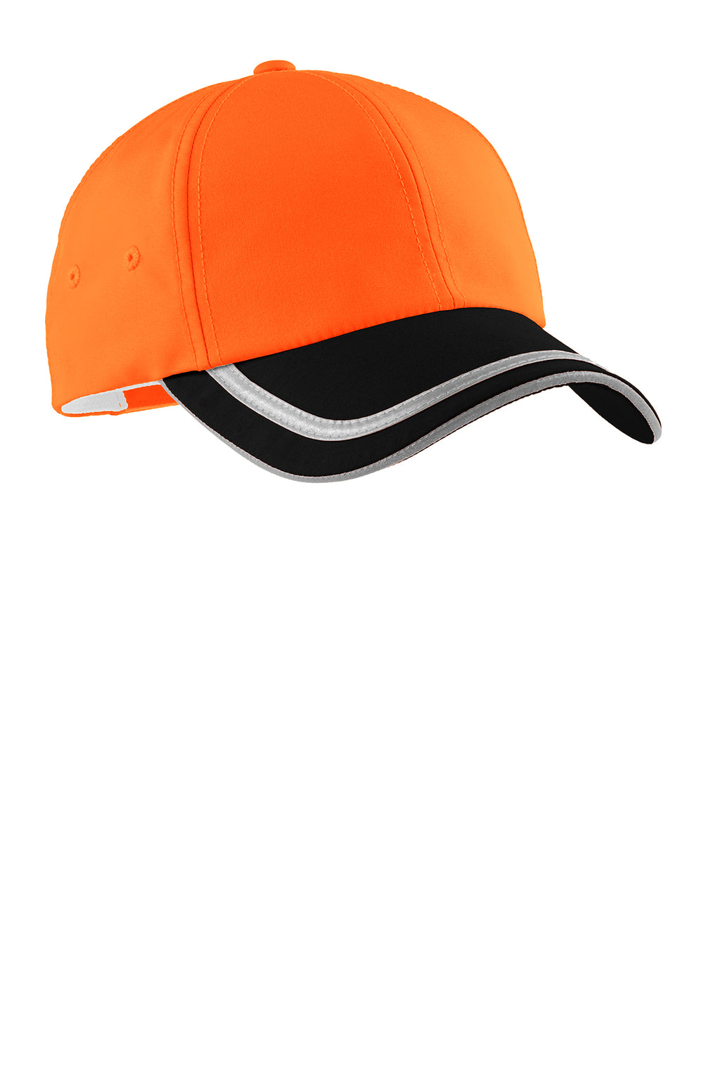 Safety Orange/Black cap with reflective brim trim, side view