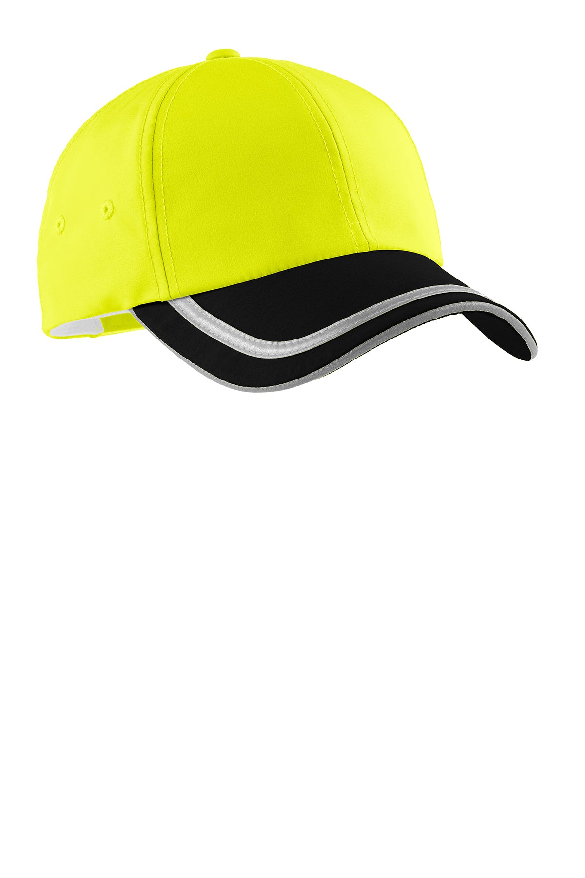 Safety Yellow/Black cap with reflective brim trim, side view