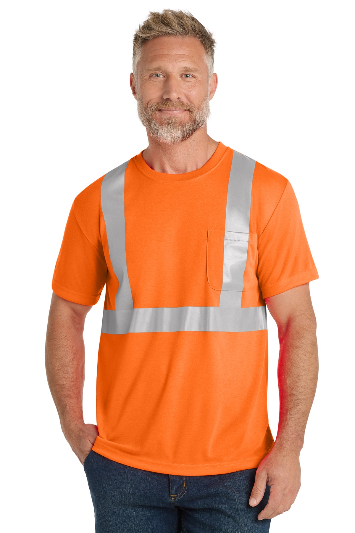 ANSI Class 2 Safety Orange tee on model, front