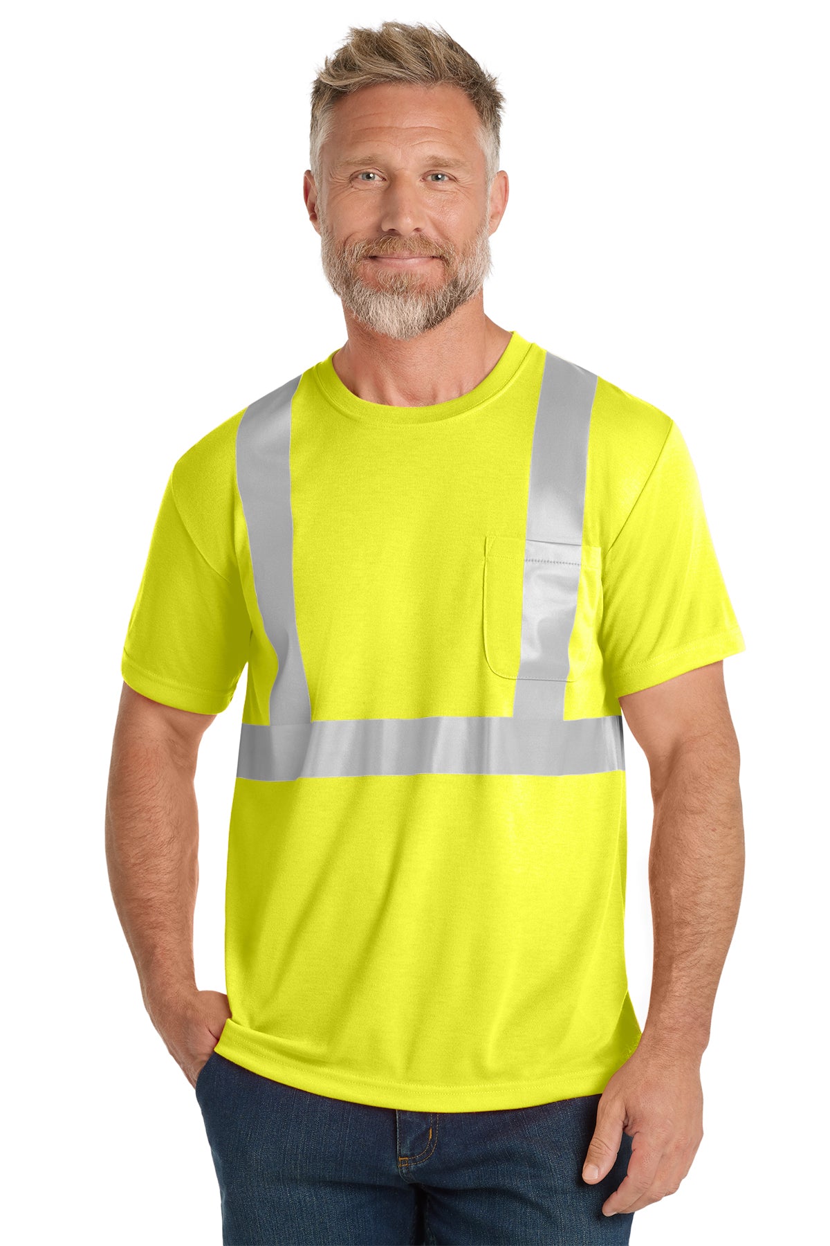 ANSI Class 2 Safety Yellow tee on model, front