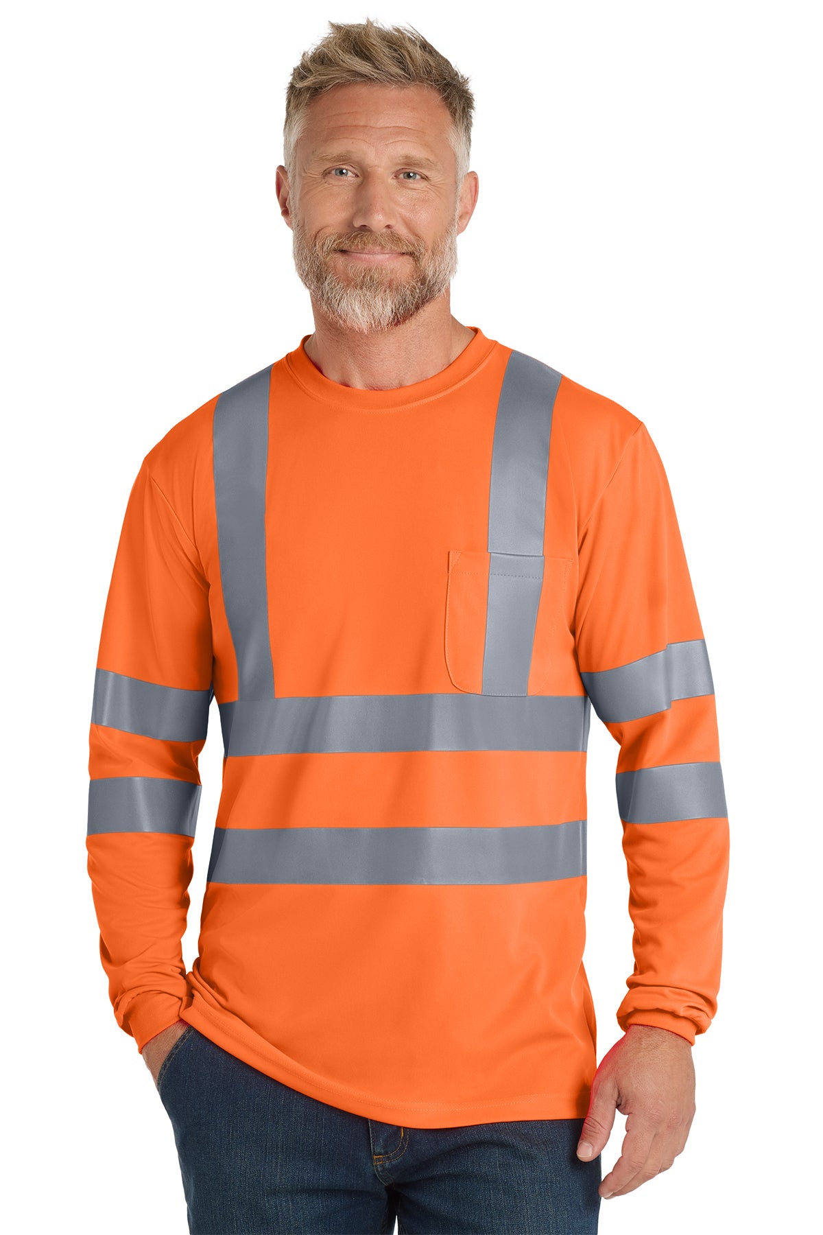 ANSI Class 3 Safety Orange long sleeve on model, front