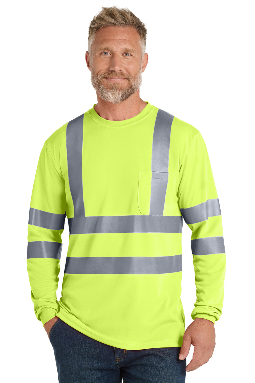 ANSI Class 3 Safety Yellow long sleeve on model, front