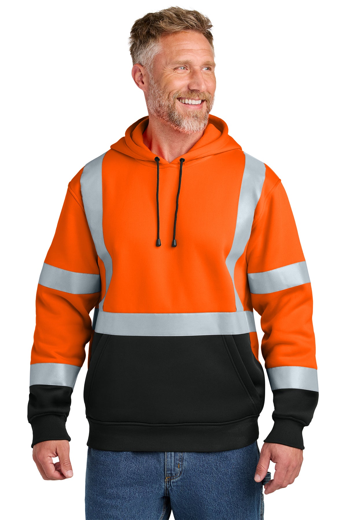 ANSI Class 3 Safety Orange hoodie on model, front