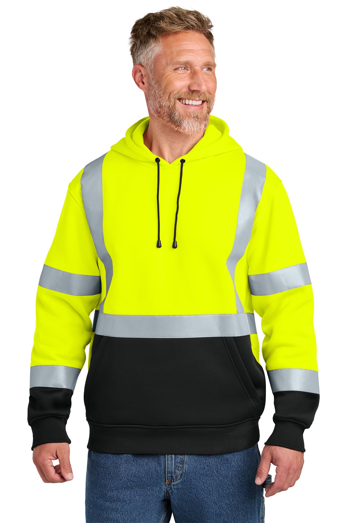 ANSI Class 3 Safety Yellow hoodie on model, front