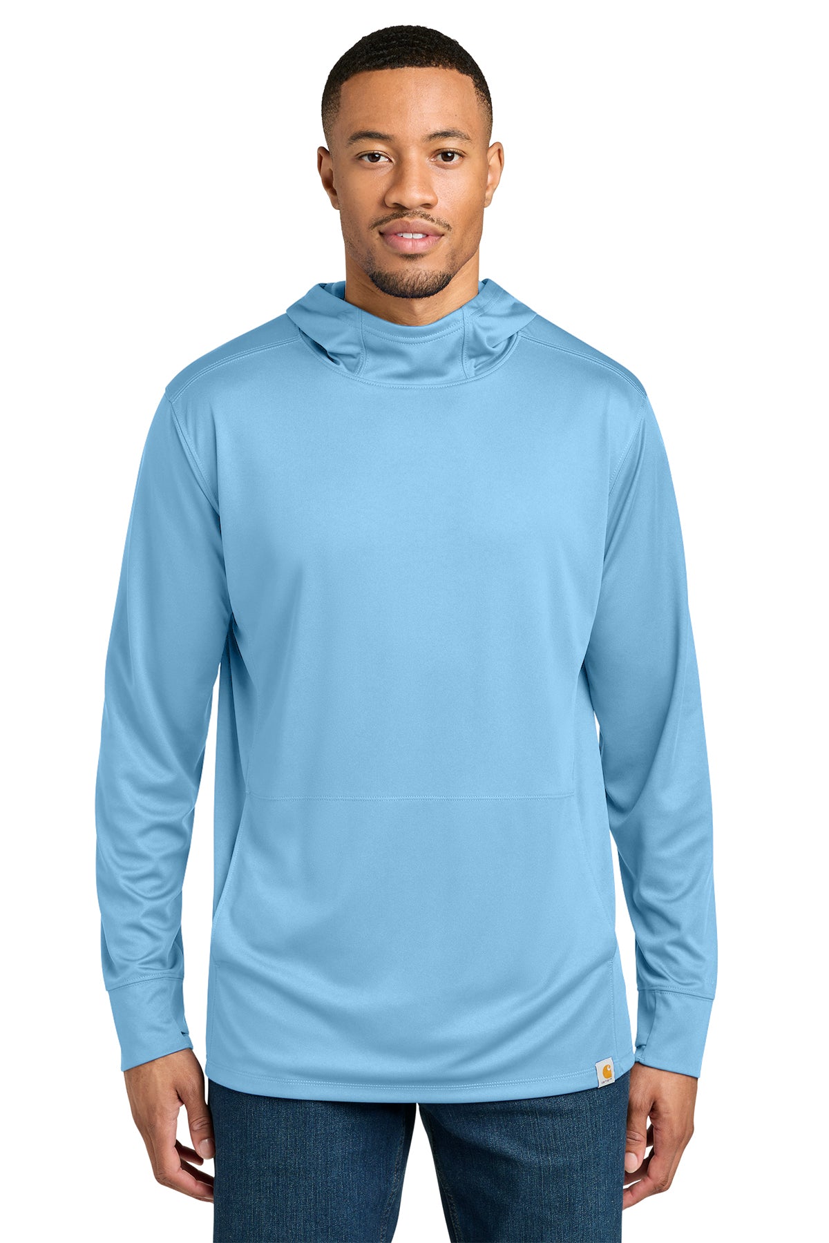 Carhartt Force Sun Defender Long Sleeve Hooded T-Shirt in Fresh Water Blue - custom logo apparel by Buckeye Branding Co.