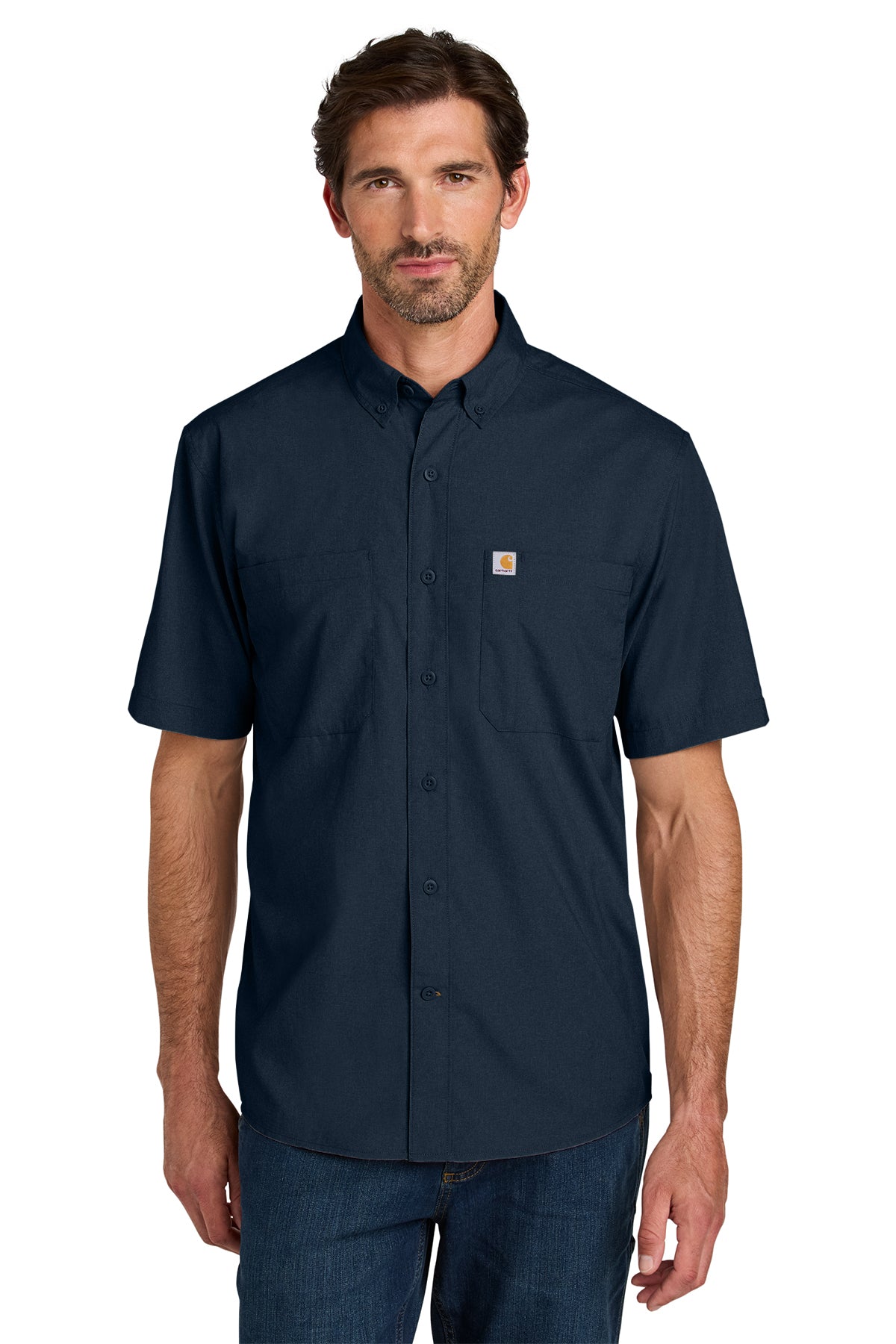 Carhartt Force Sun Defender Short Sleeve Shirt in Navy - custom logo apparel by Buckeye Branding Co.