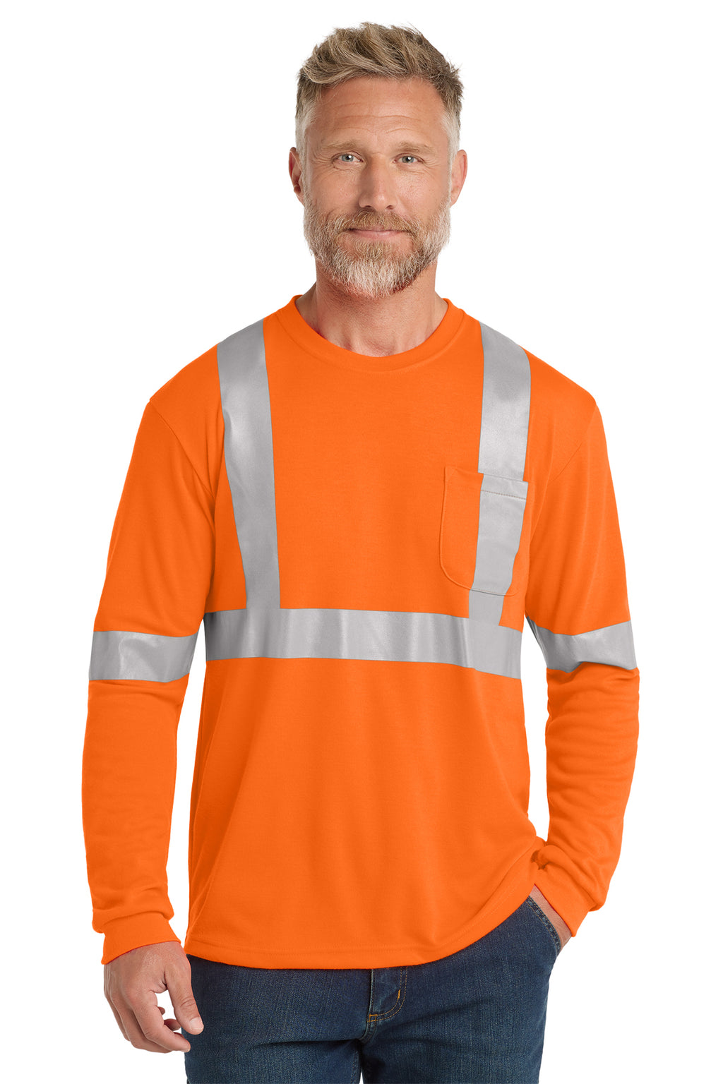 ANSI Class 2 Safety Orange long sleeve tee on model, front