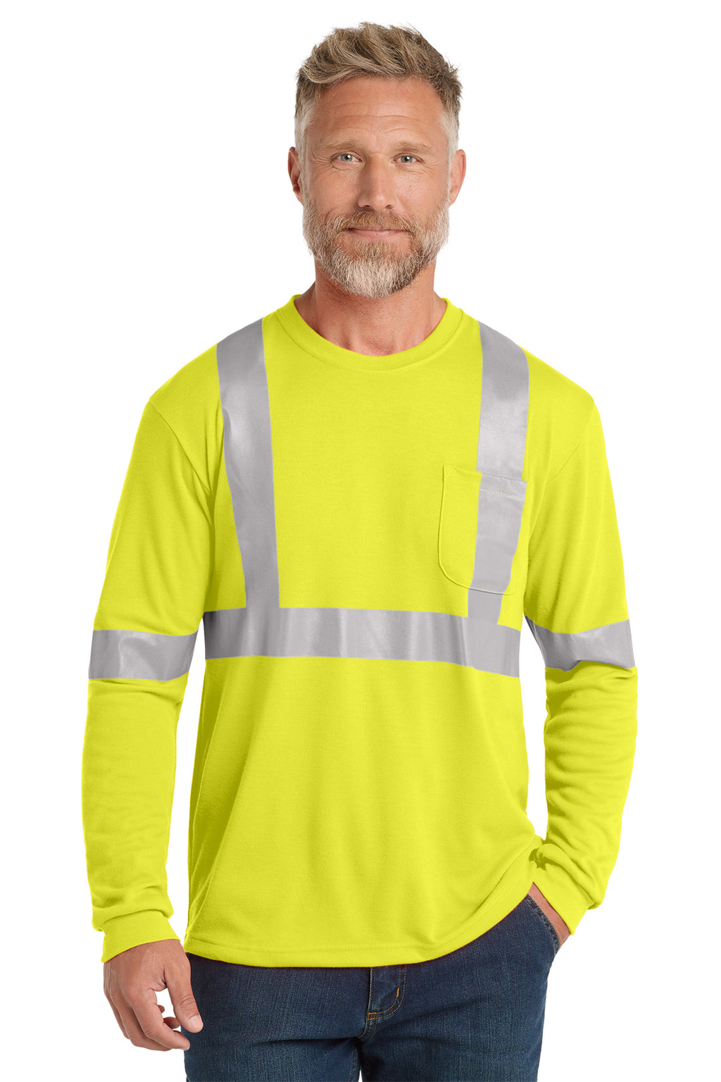 ANSI Class 2 Safety Yellow long sleeve tee on model, front