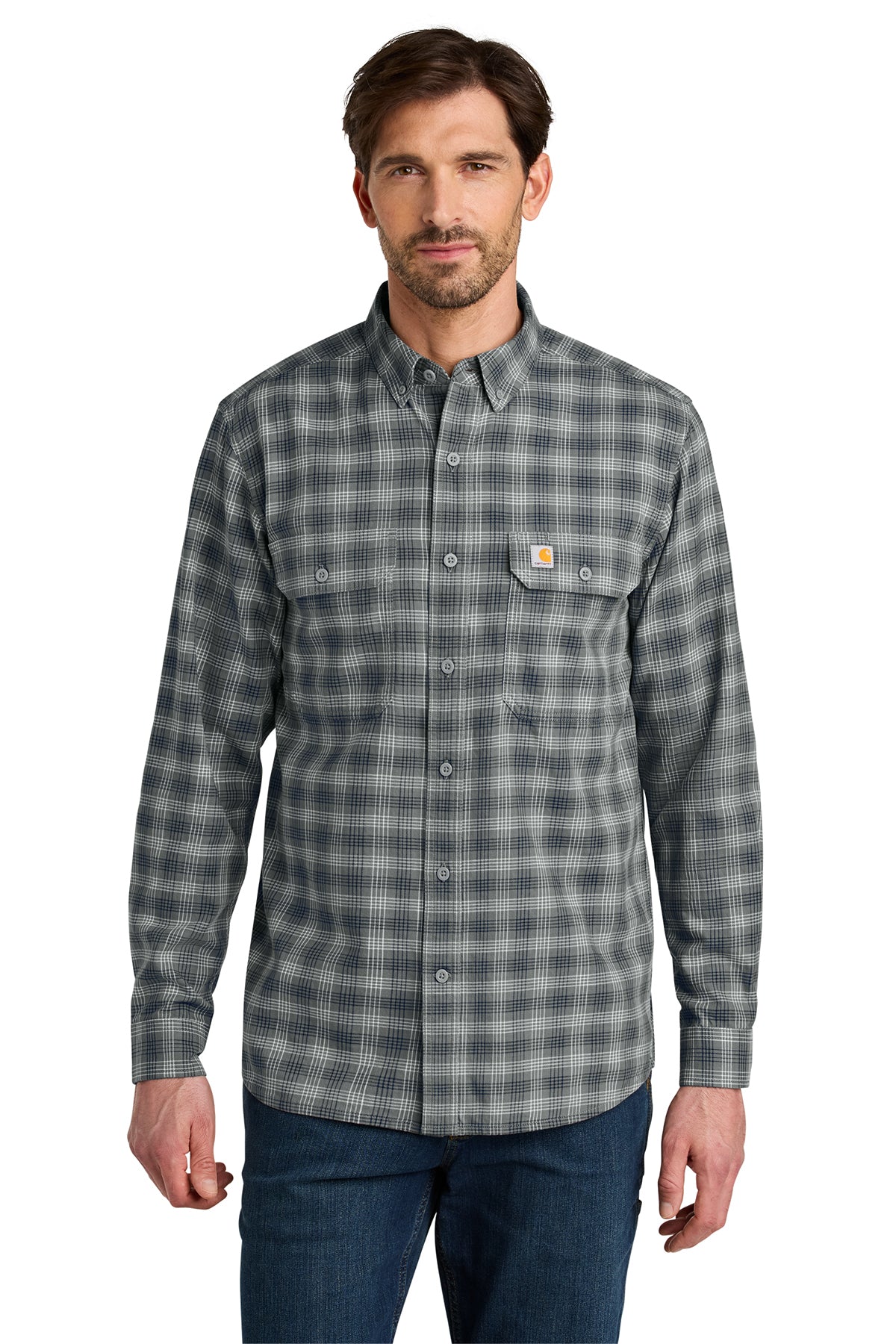 Carhartt Rugged Flex Plaid Long Sleeve Shirt in Plaid Steel Navy - custom logo apparel by Buckeye Branding Co.