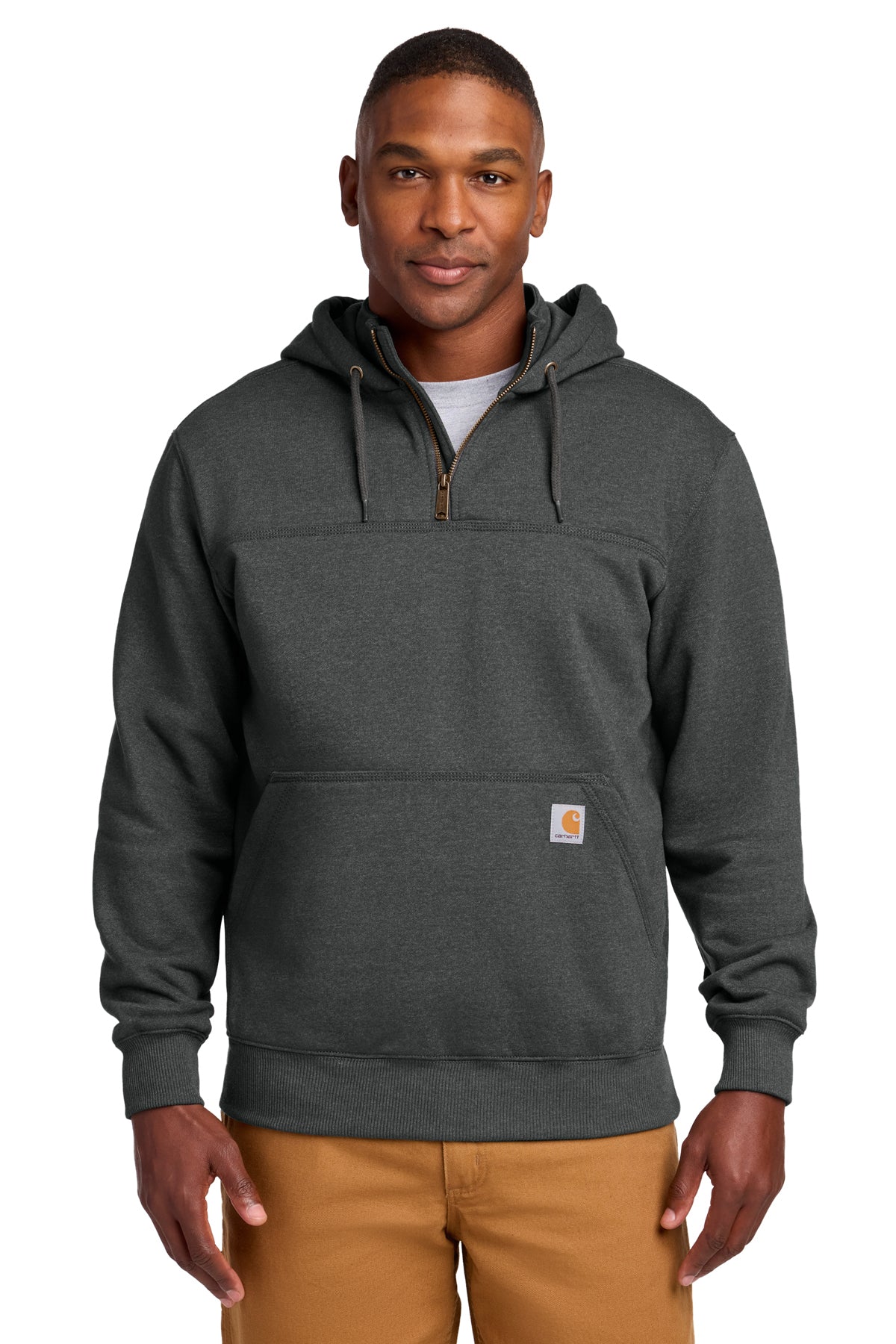 Carhartt Tall Rain Defender Paxton Heavyweight Hooded Quarter-Zip Mock Sweatshirt in Carbon Heather - custom logo apparel by Buckeye Branding Co.