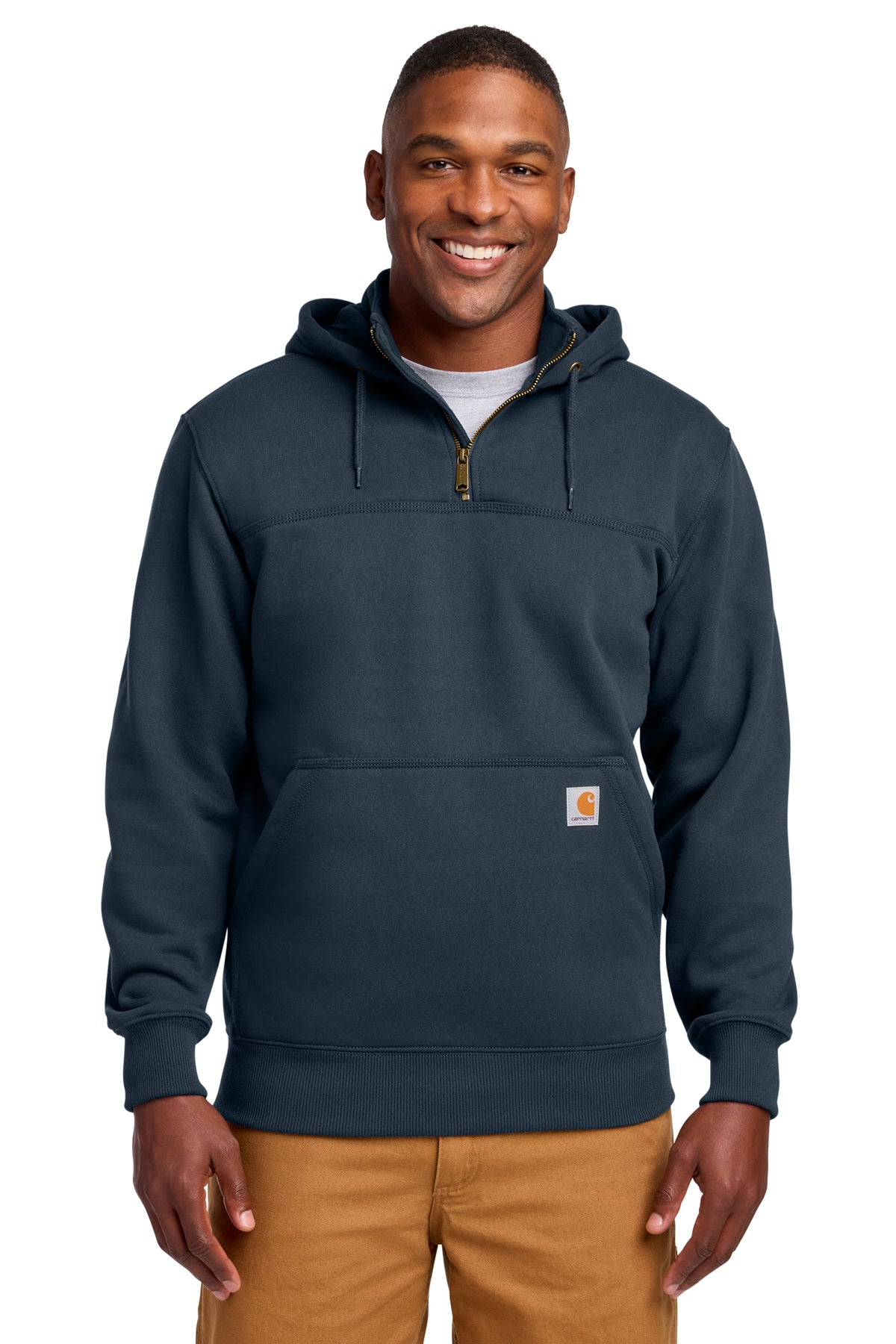 Carhartt Tall Rain Defender Paxton Heavyweight Hooded Quarter-Zip Mock Sweatshirt in New Navy - custom logo apparel by Buckeye Branding Co.