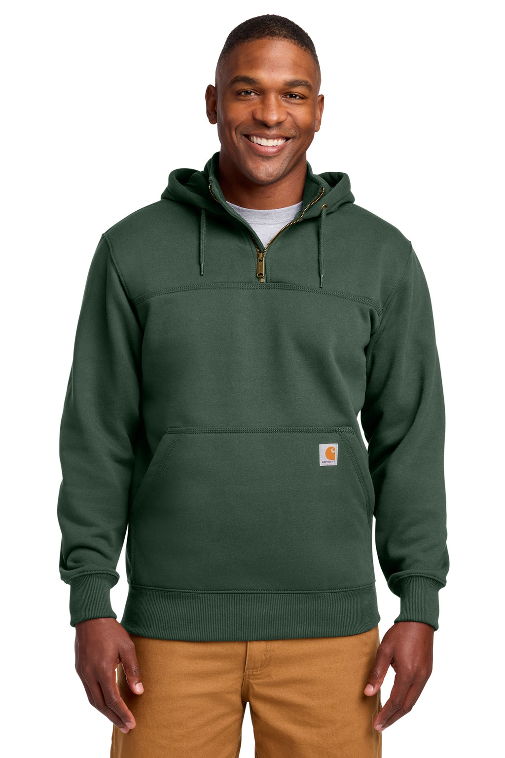 Carhartt Rain Defender Paxton Heavyweight Hooded Quarter-Zip Mock Sweatshirt in Forestry Green - custom logo apparel by Buckeye Branding Co.