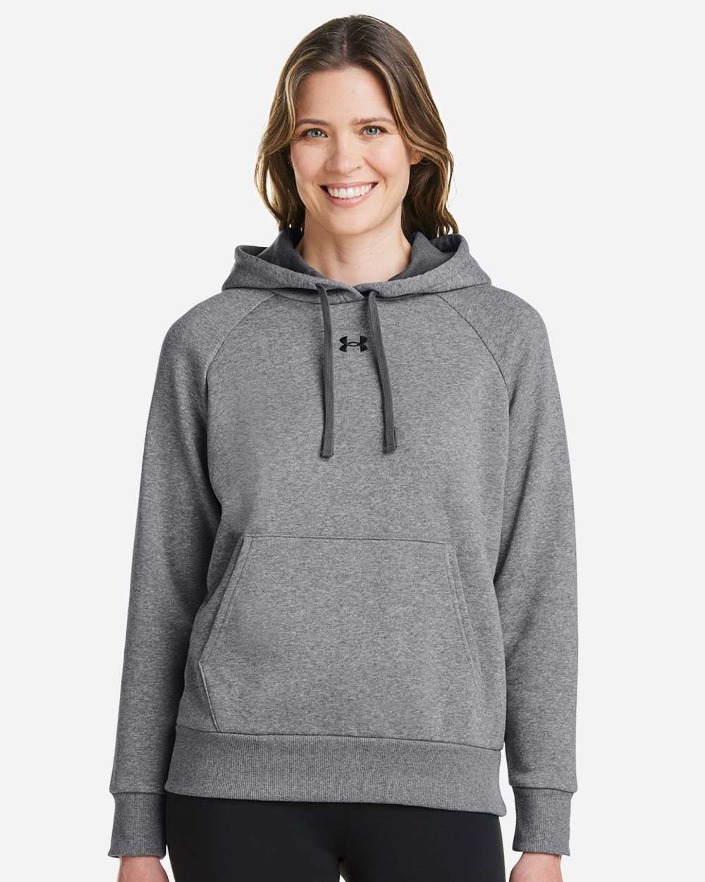 Under Armour Women's Rival Fleece Hooded Sweatshirt in Castlerock Grey Light Heather/Black - custom logo apparel by Buckeye Branding Co.