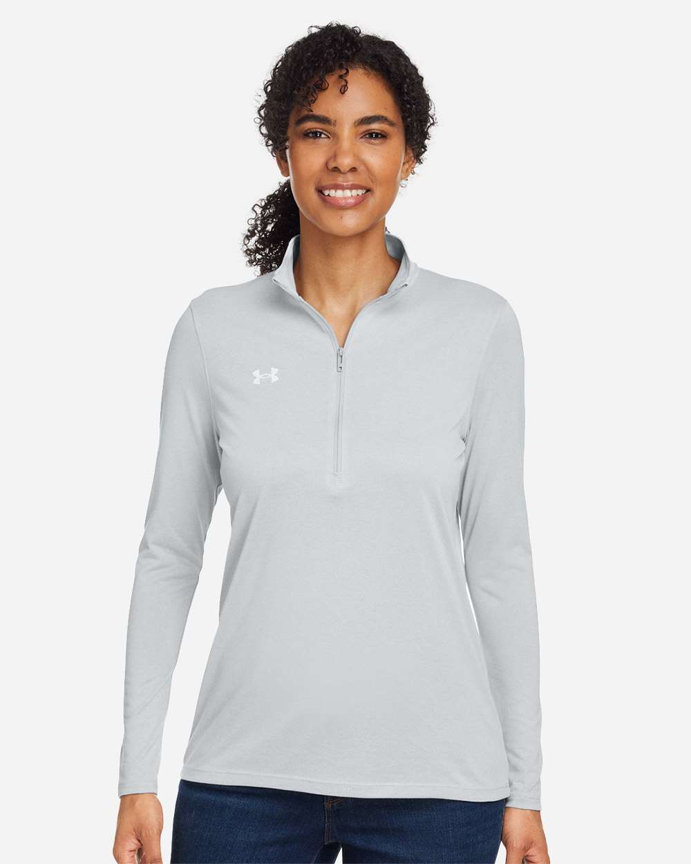 Under Armour Women's Team Tech Half-Zip Pullover in Mod Grey Light Heather/White - custom logo apparel by Buckeye Branding Co.