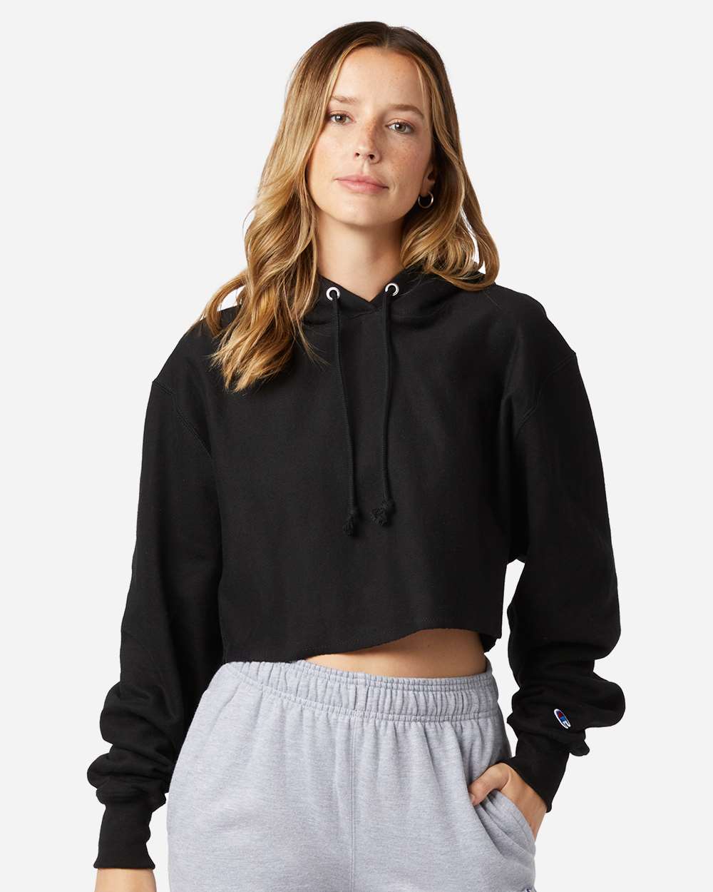Champion Women's Reverse Weave Hooded Cropped Sweatshirt in Black - custom logo apparel by Buckeye Branding Co.