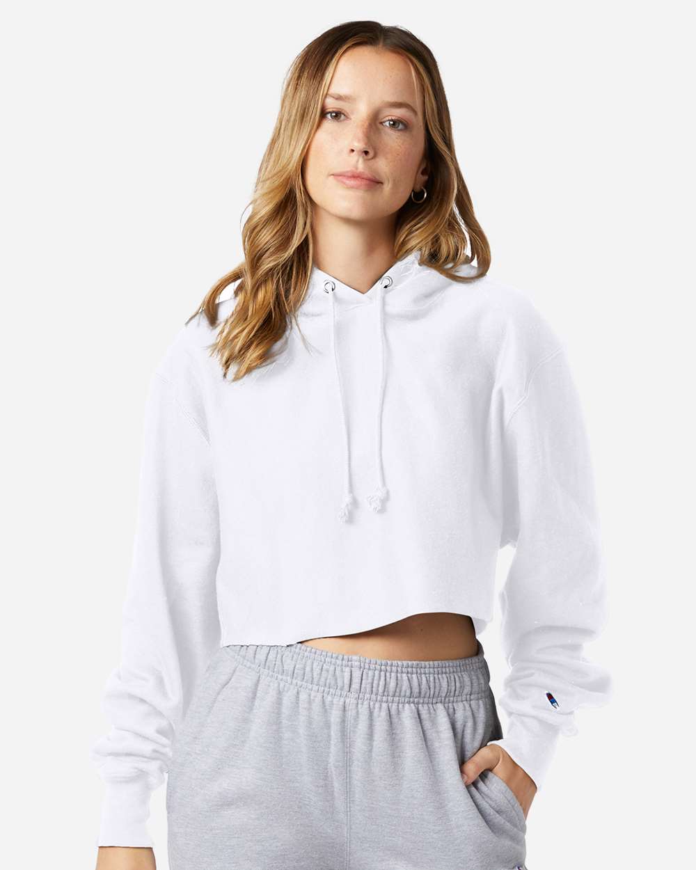 Champion Women's Reverse Weave Hooded Cropped Sweatshirt in White - custom logo apparel by Buckeye Branding Co.
