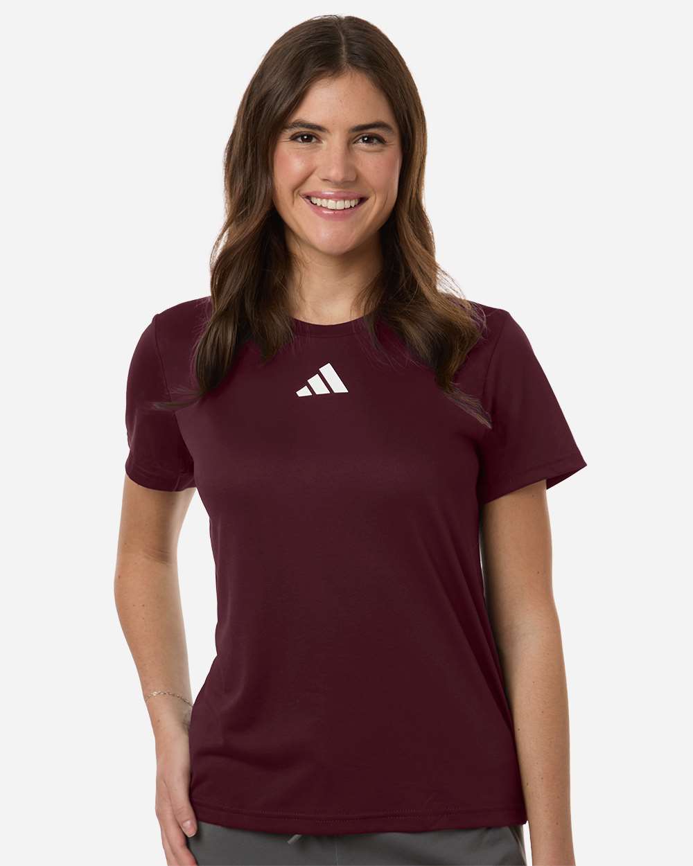 adidas Women's Pregame Tee in Team Maroon/White - custom logo apparel by Buckeye Branding Co.