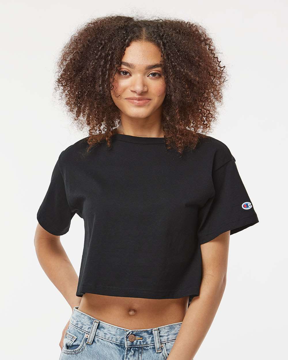 Champion Women's Heritage Jersey Crop T-Shirt in Black - custom logo apparel by Buckeye Branding Co.