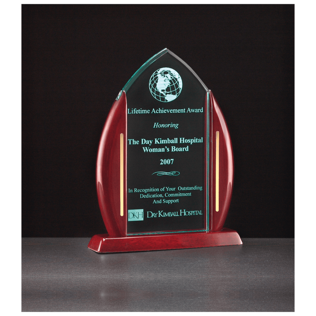 7 1/2" x 9 5/8" Flame Jade Acrylic Award with Rosewood Piano Finish Base, product photo