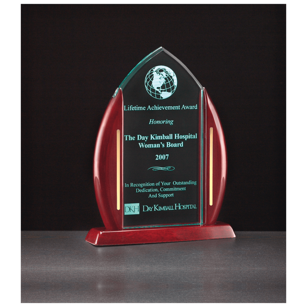 7 1/2" x 9 5/8" Flame Jade Acrylic Award with Rosewood Piano Finish Base, product photo