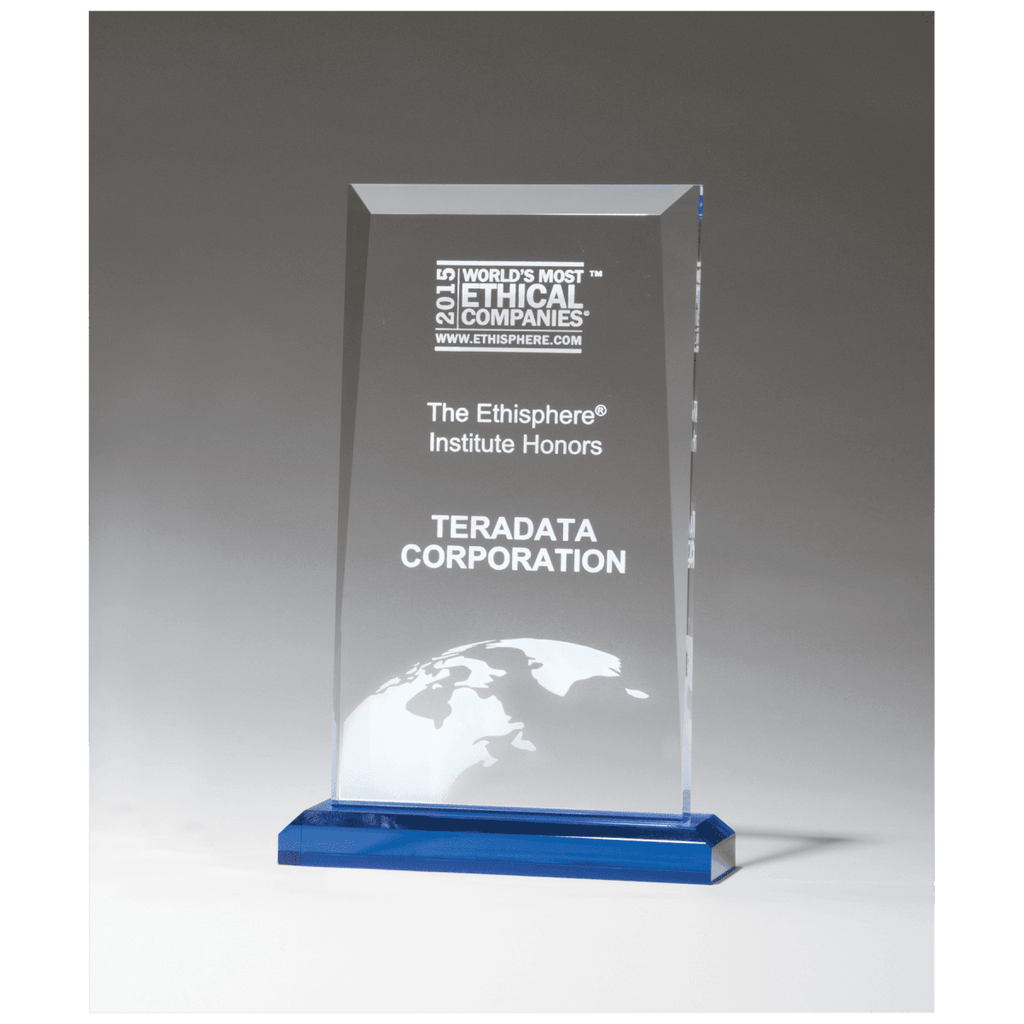 5 1/2" x 8 3/4" Apex Clear Acrylic Award with Blue Highlights and Blue Base, product photo