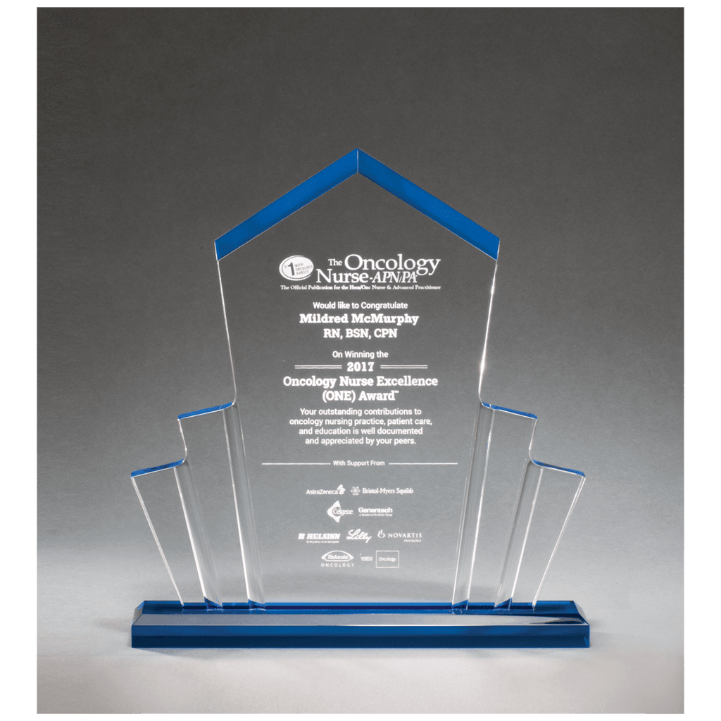 10" x 10 3/4" Large Tower Spotlight Clear Acrylic Award with Blue Accent, product photo