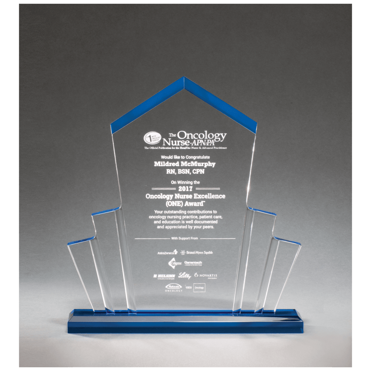 10" x 10 3/4" Large Tower Spotlight Clear Acrylic Award with Blue Accent, product photo
