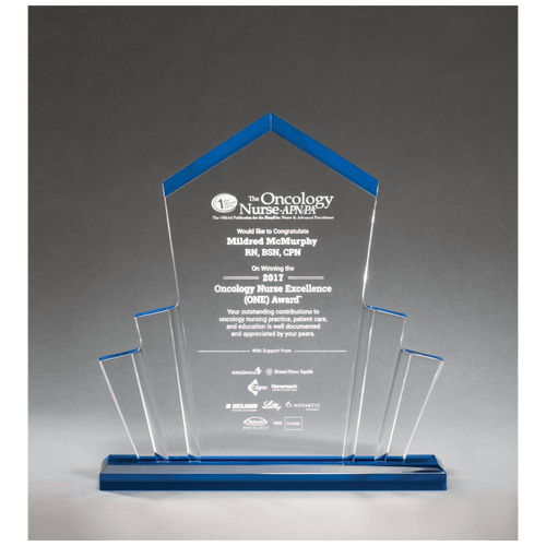 10" x 10 3/4" Large Tower Spotlight Clear Acrylic Award with Blue Accent, product photo