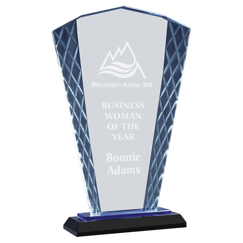 9 1/2" Clear Fan Accent Glass on Blue & Black Reflective Base - custom engraved glass award by The Buckeye Branding Company