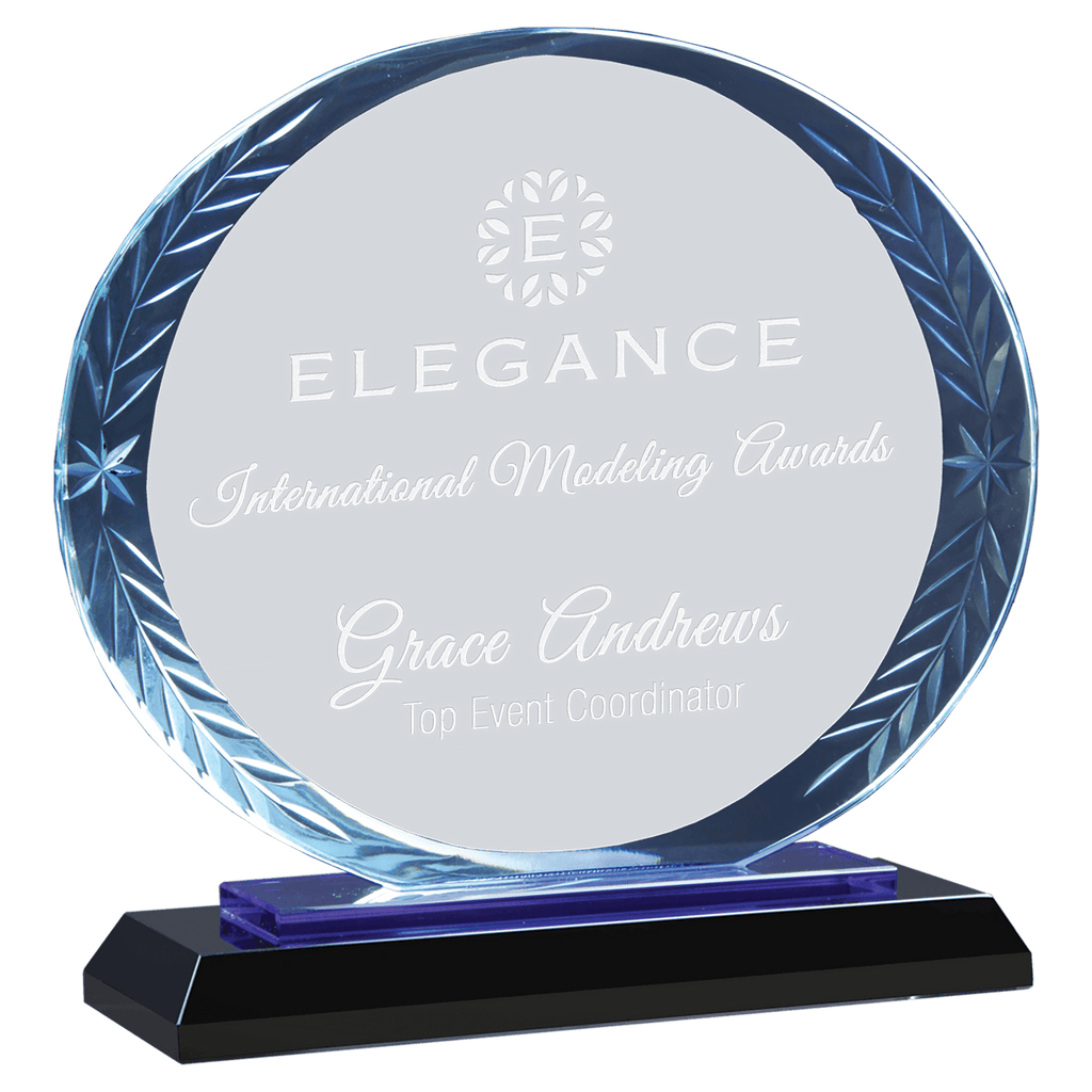 7" Clear Oval Accent Glass on Blue & Black Reflective Base - custom engraved glass award by The Buckeye Branding Company