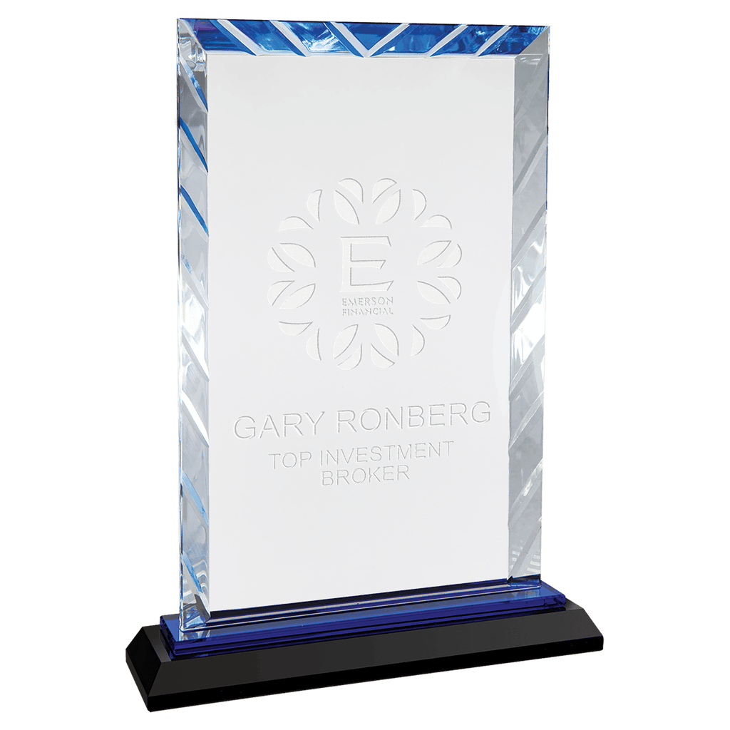 9" Clear Rectangle Accent Glass on Black and Blue Reflective Base - custom engraved glass award by The Buckeye Branding Company