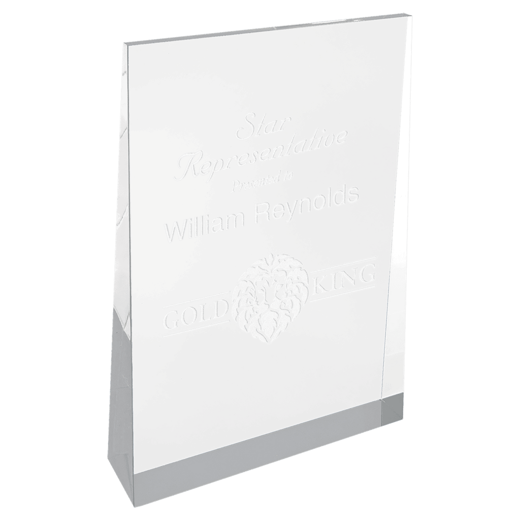 4 1/2" x 7" Silver Acrylic Wedge - custom engraved acrylic award by The Buckeye Branding Company
