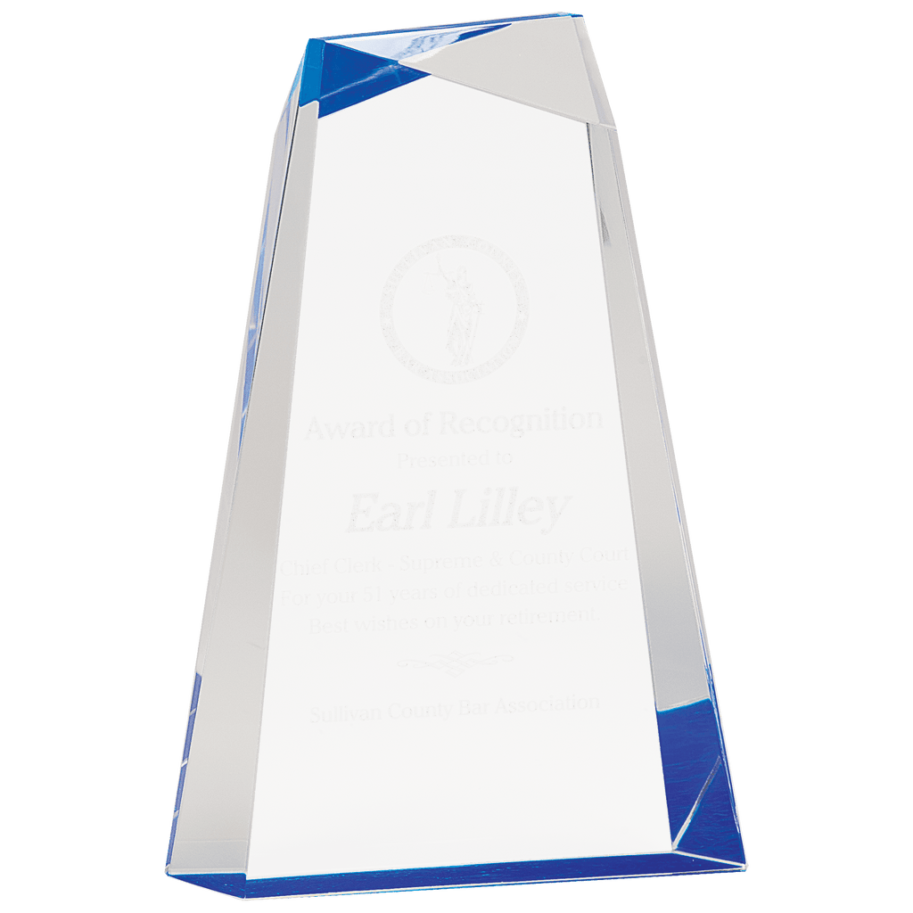 9" Blue Facet Wedge Acrylic - custom engraved acrylic award by The Buckeye Branding Company