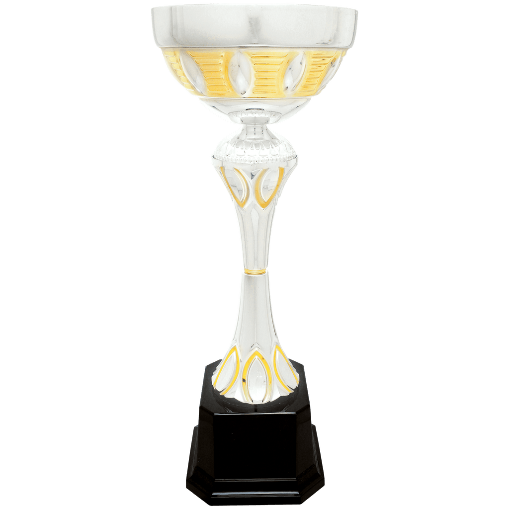 16 1/2" Silver/Gold Completed Metal Cup Trophy on Plastic Base - personalized trophy by The Buckeye Branding Company