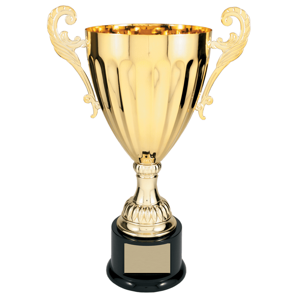 14 1/2" Gold Completed Metal Cup Trophy on Plastic Base - personalized trophy by The Buckeye Branding Company