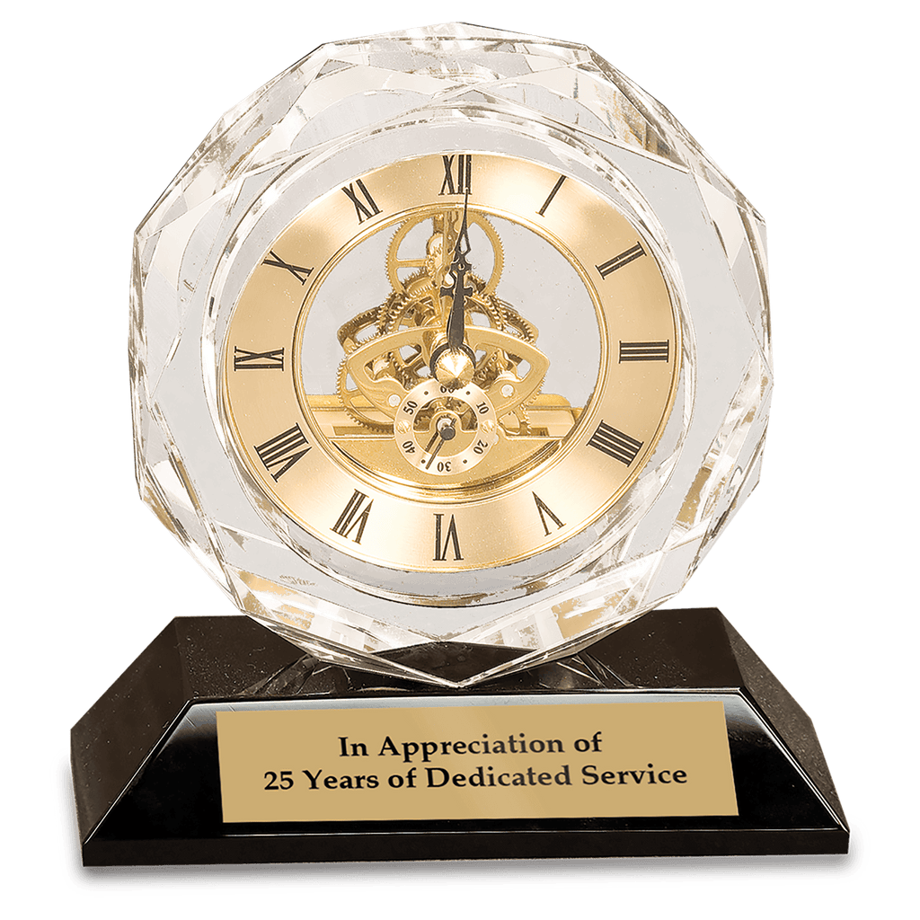 5 3/4" Clear Crystal Clock on Black Pedestal Base - custom engraved crystal clock by The Buckeye Branding Company