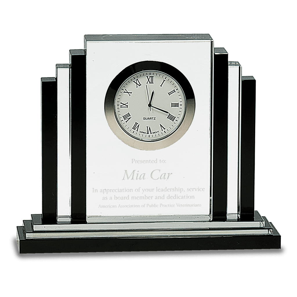 6" Clear Crystal with Clock and Black Crystal Trim - custom engraved crystal clock by The Buckeye Branding Company
