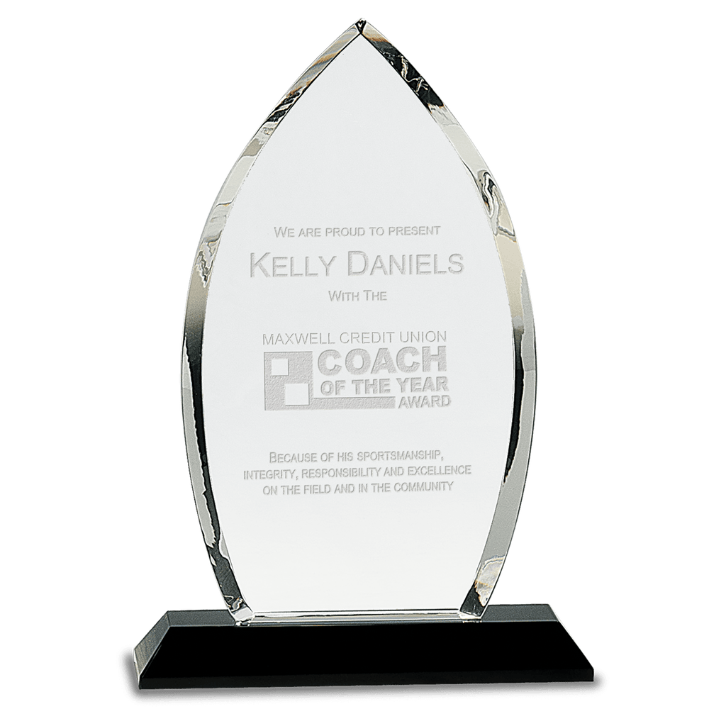 9 1/2" Clear Crystal Oval on Black Pedestal Base - custom engraved crystal award by The Buckeye Branding Company