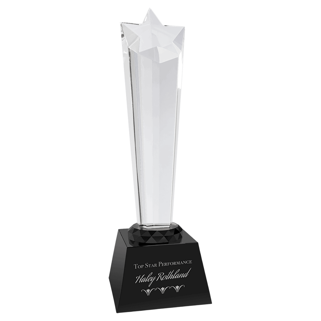 10" Crystal Rising Star with Black Base - custom engraved crystal award by The Buckeye Branding Company