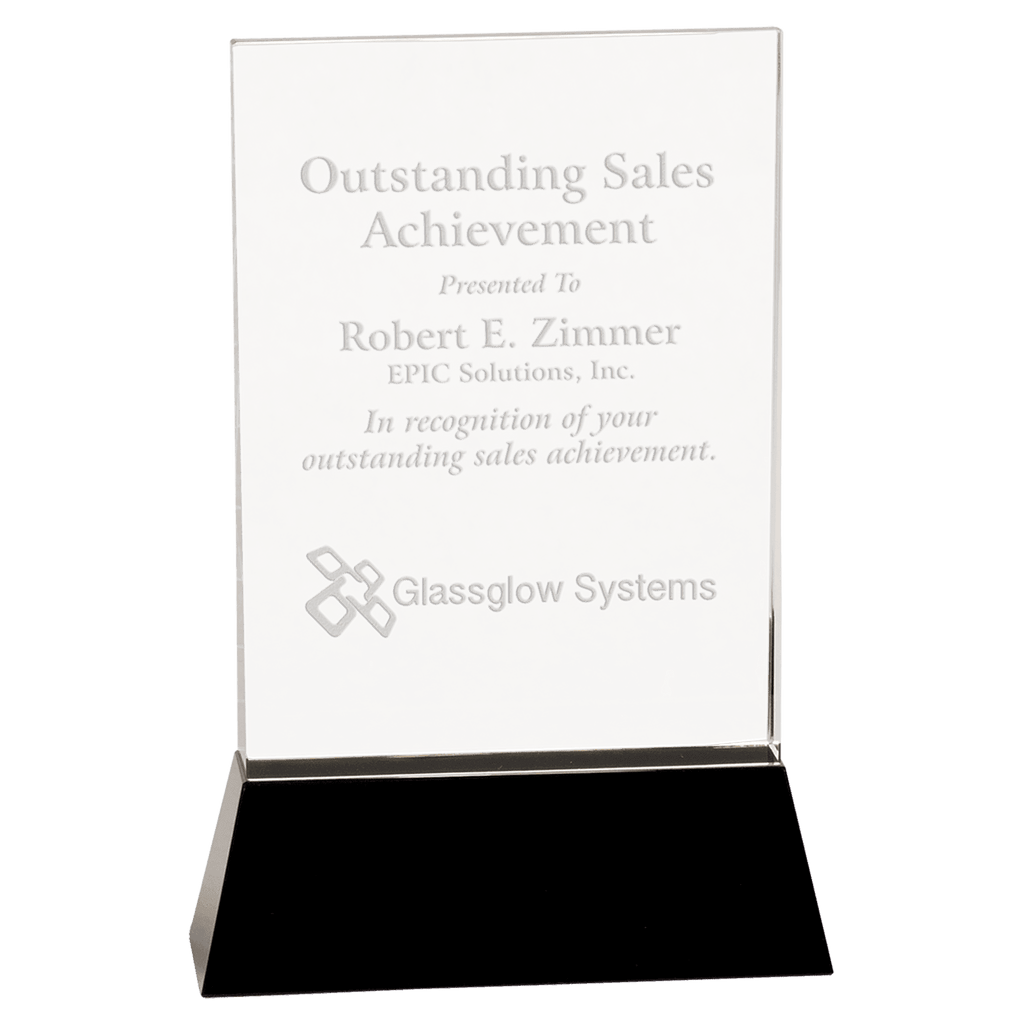 9" Clear Crystal Rectangle Wedge on Black Base - custom engraved crystal award by The Buckeye Branding Company