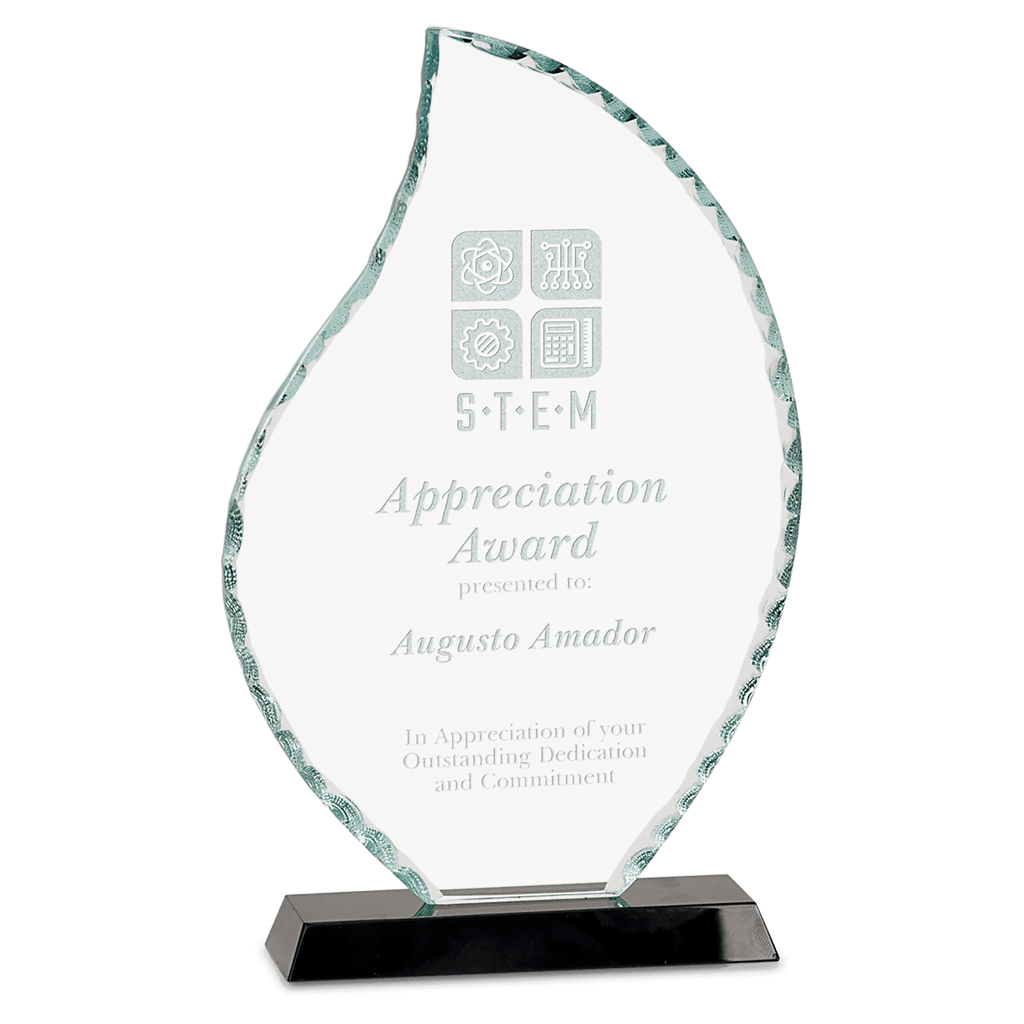 8 1/2" Flame Facet Glass on Black Base - custom engraved glass award by The Buckeye Branding Company