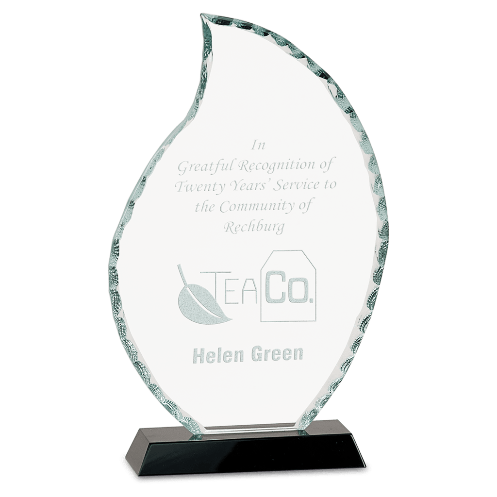 9 1/2" Flame Facet Glass on Black Base - custom engraved glass award by The Buckeye Branding Company