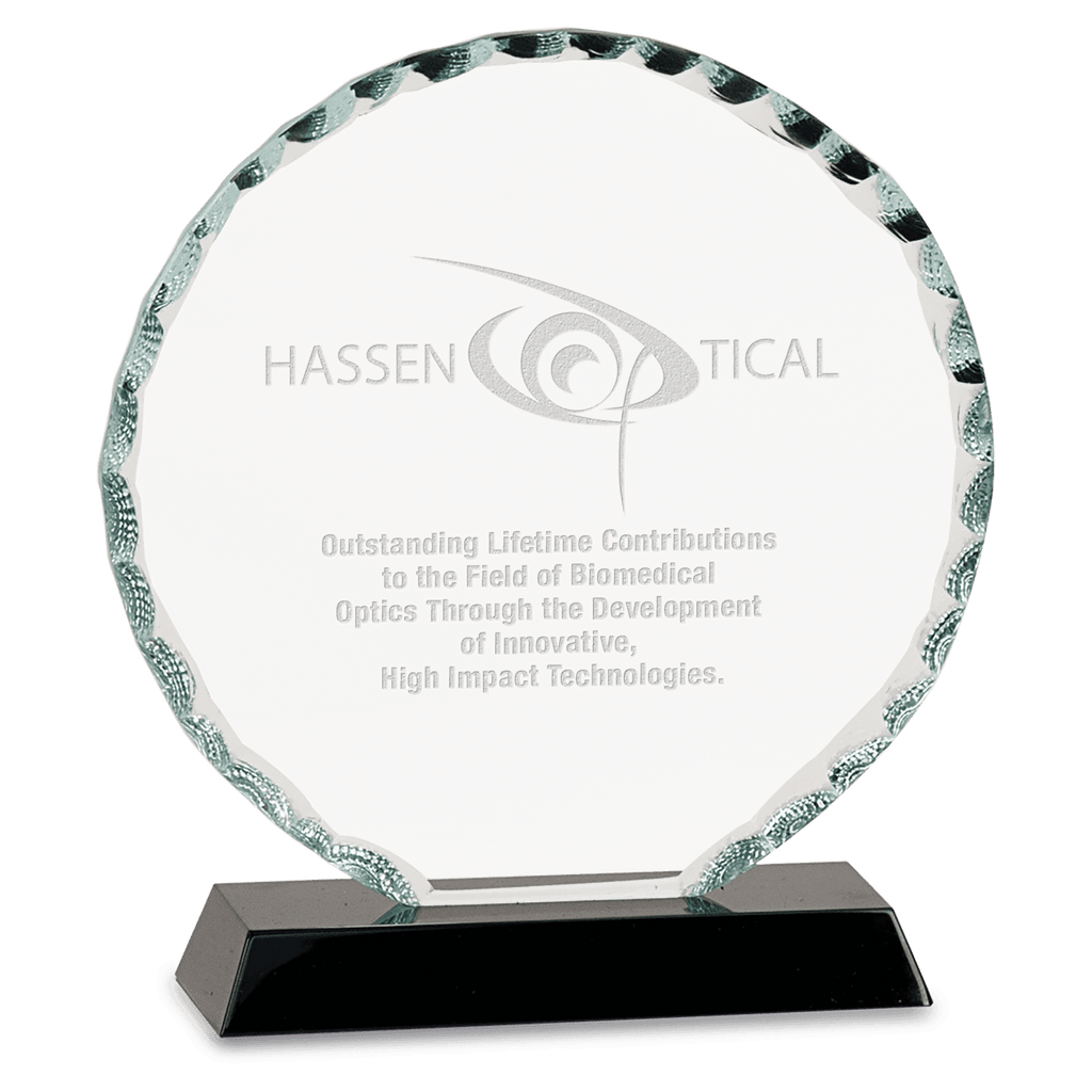 5" Round Facet Glass on Black Base - custom engraved glass award by The Buckeye Branding Company