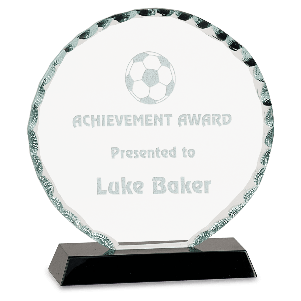 6 1/2" Round Facet Glass on Black Base - custom engraved glass award by The Buckeye Branding Company