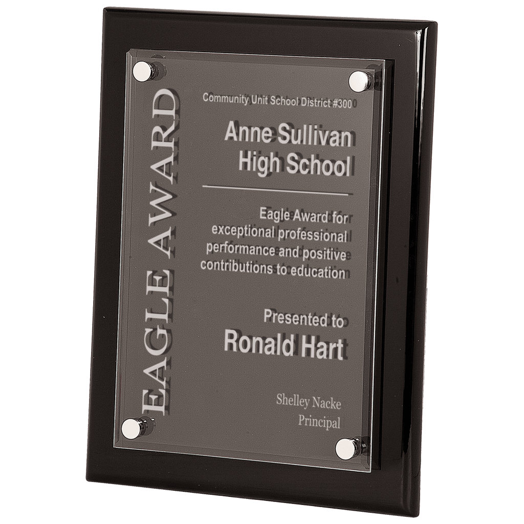 10 1/2" x 13" Black Piano Finish Floating Acrylic Plaque - custom engraved plaque by The Buckeye Branding Company