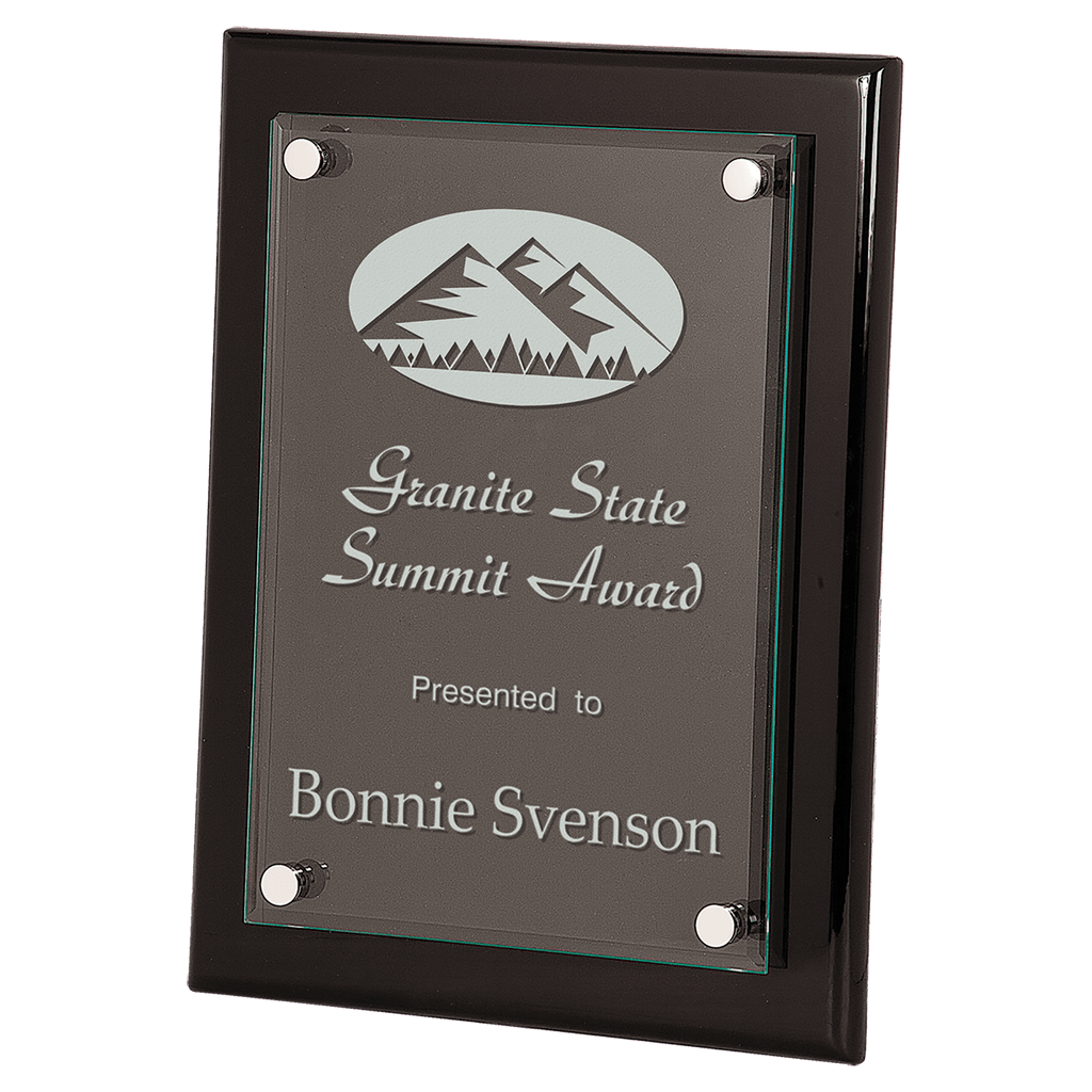9" x 12" Black Piano Finish Floating Glass Plaque - custom engraved plaque by The Buckeye Branding Company